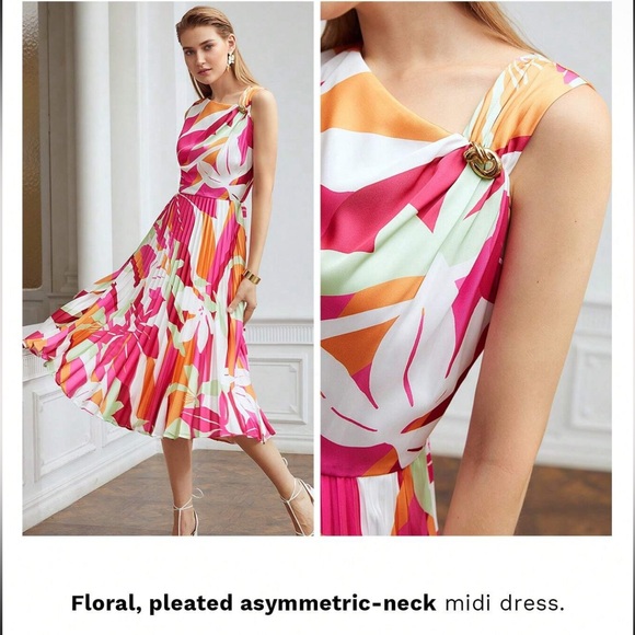 (M) MOTF FLORAL PLEATED ASYMMETRIC-NECK MIDI DRESS - Picture 5 of 8